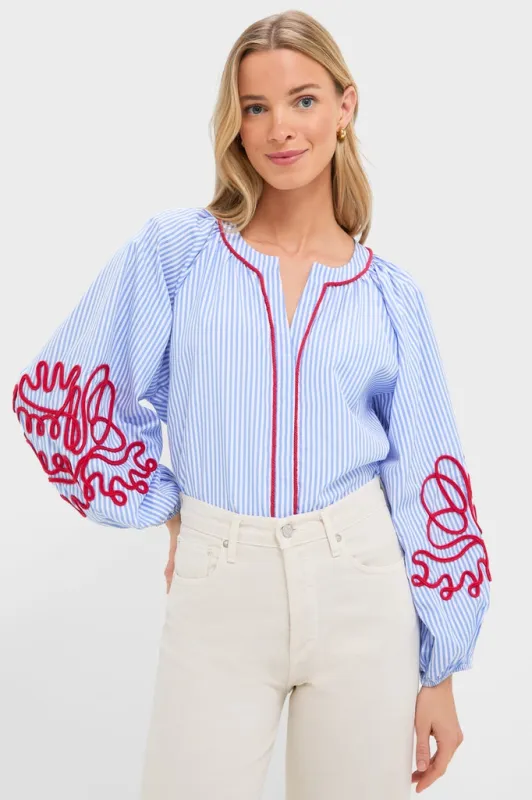Blue Stripe & Red Soutache Stella Blouse made by Hyacinth House