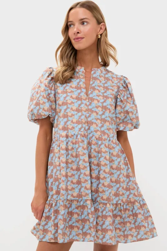 Brown & Powder Blue Floral Zip Front Ellie Mini Dress made by Hyacinth House