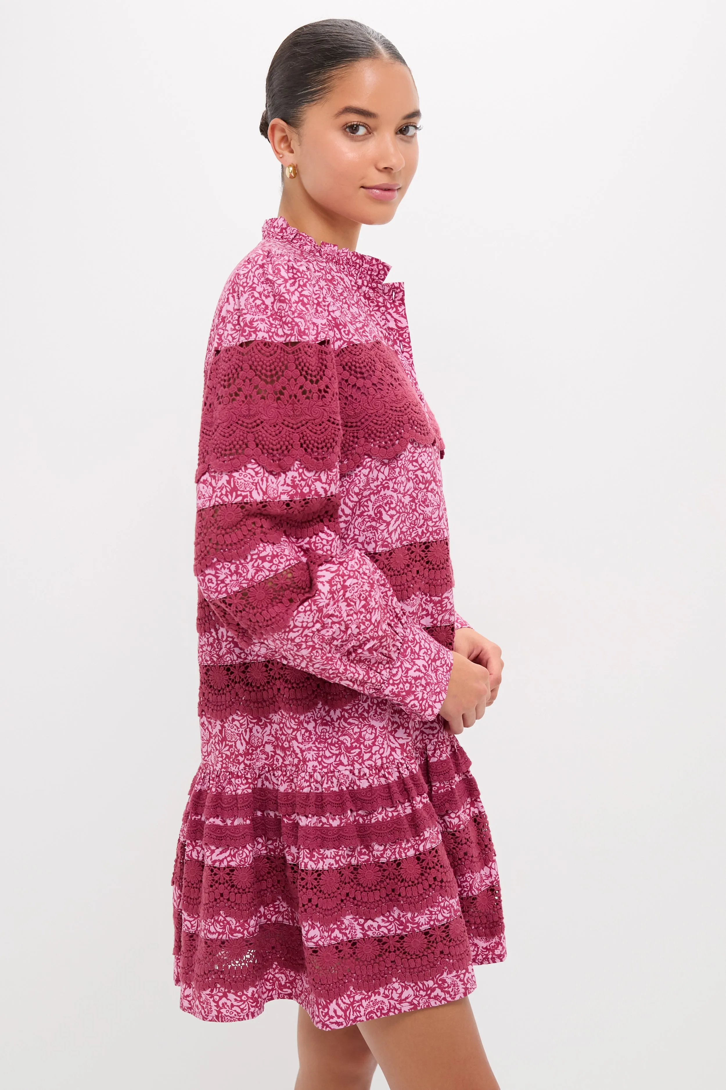 Lace Trim Maroon & Pink Floral Emmie Mini Dress sold by Hyacinth House product image thumbnail 3