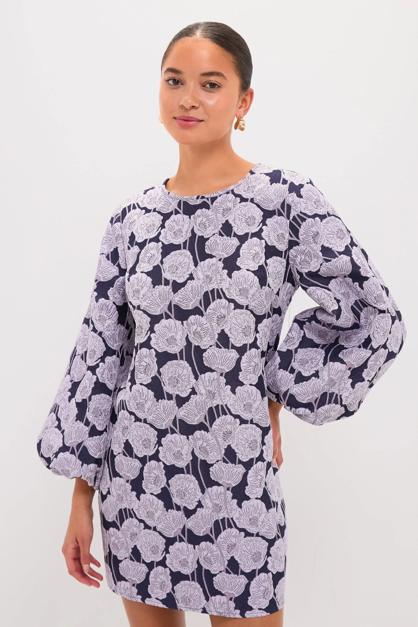 Lilac & Navy Floral Jacquard Janie Mini Dress sold by Hyacinth House