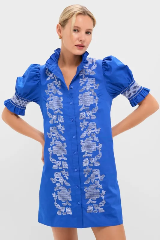 Royal Blue with White Embroidery Lou Lou Mini Dress made by Hyacinth House