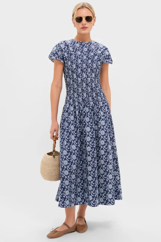 Blue Floral Smocked Rollins Midi Dress made by Hyacinth House