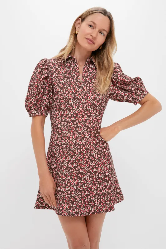 Brown & Red Floral Corduroy Front Zip Mini Dress made by Hyacinth House