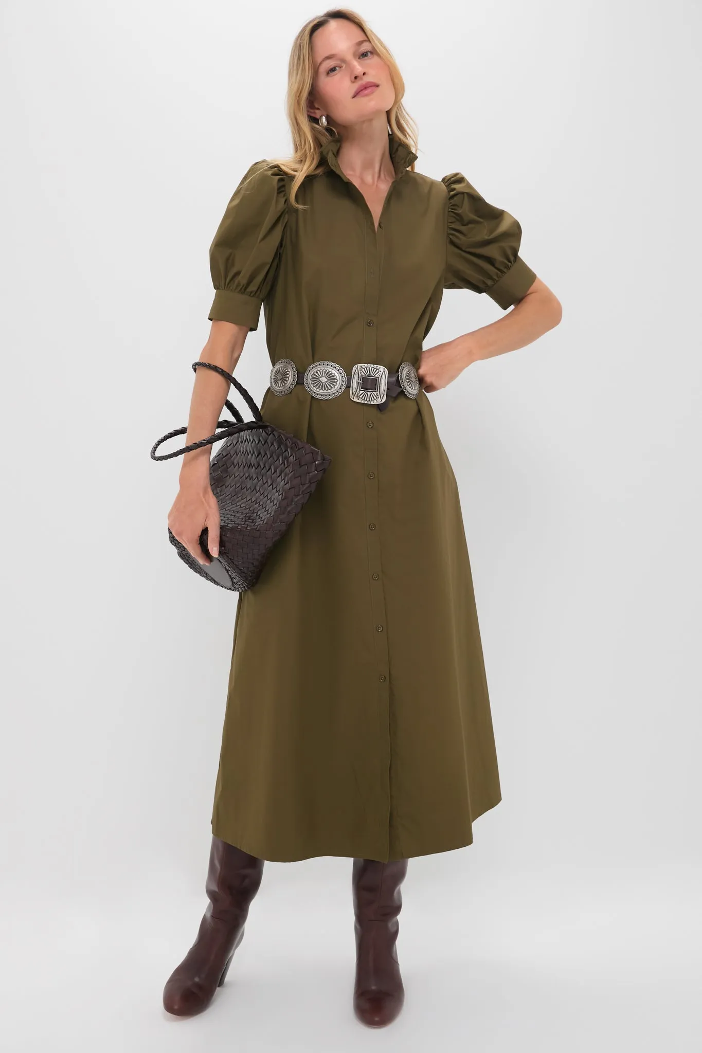 Olive Green Ruffle Collar Louisa Maxi Dress sold by Hyacinth House