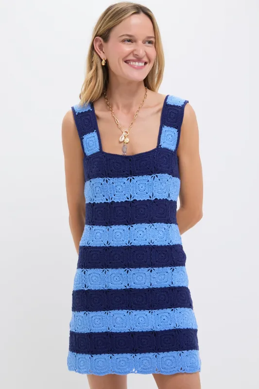 Cornflower Blue & Navy Crochet Cooper Mini Dress made by Hyacinth House
