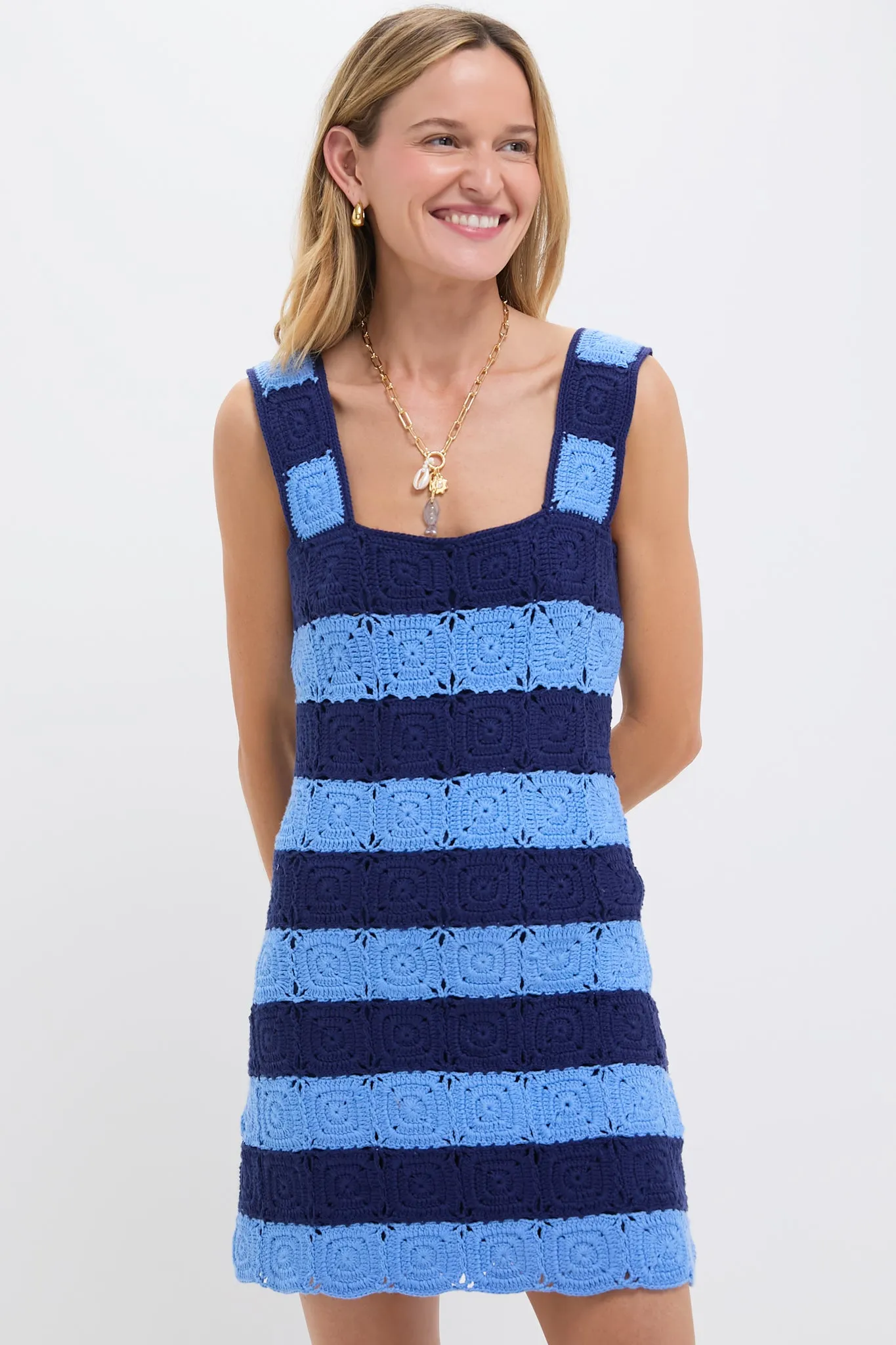 Cornflower Blue & Navy Crochet Cooper Mini Dress sold by Hyacinth House