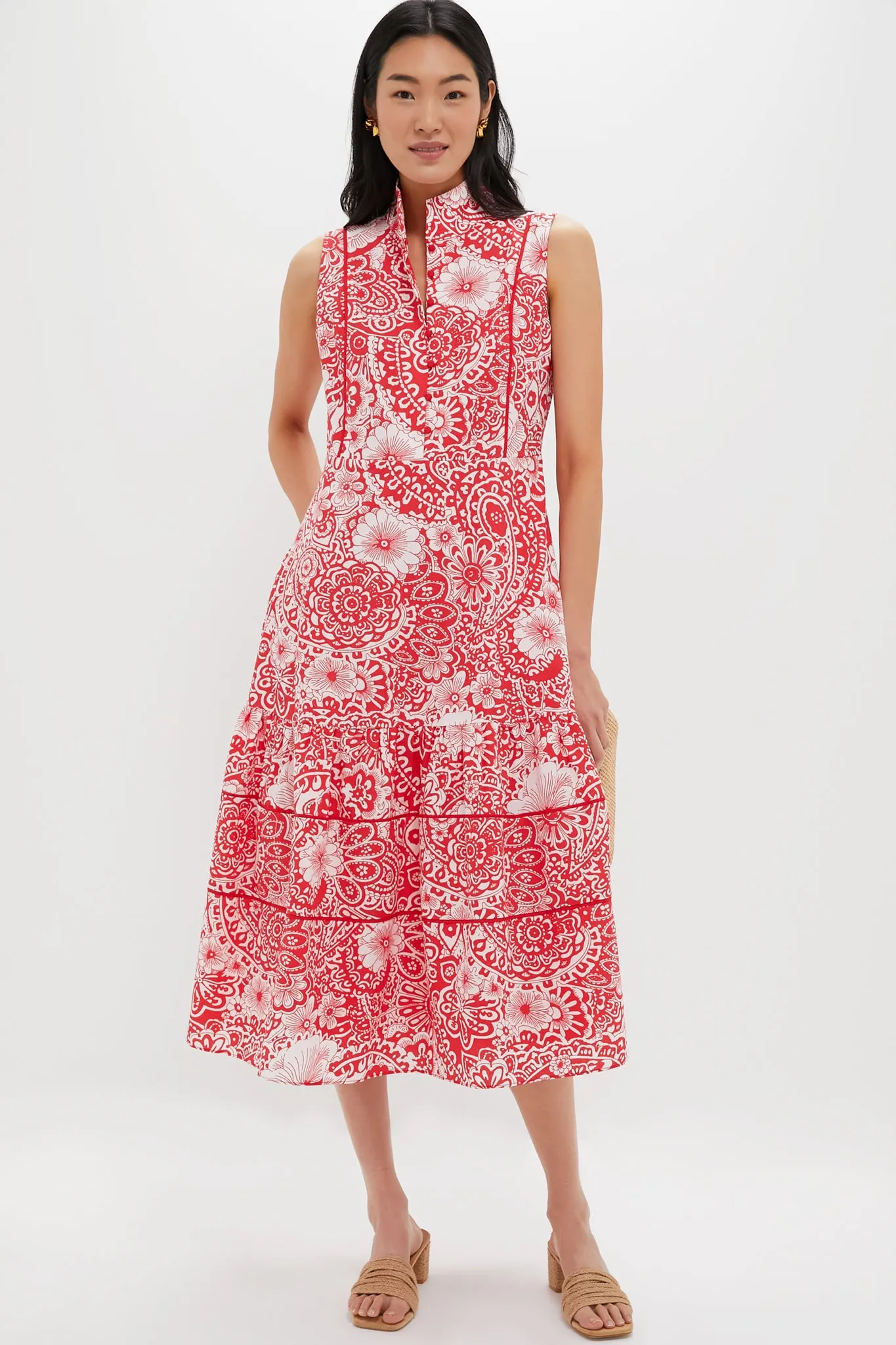 Sleeveless Red & White Floral Hillsborough Midi Dress sold by Hyacinth House