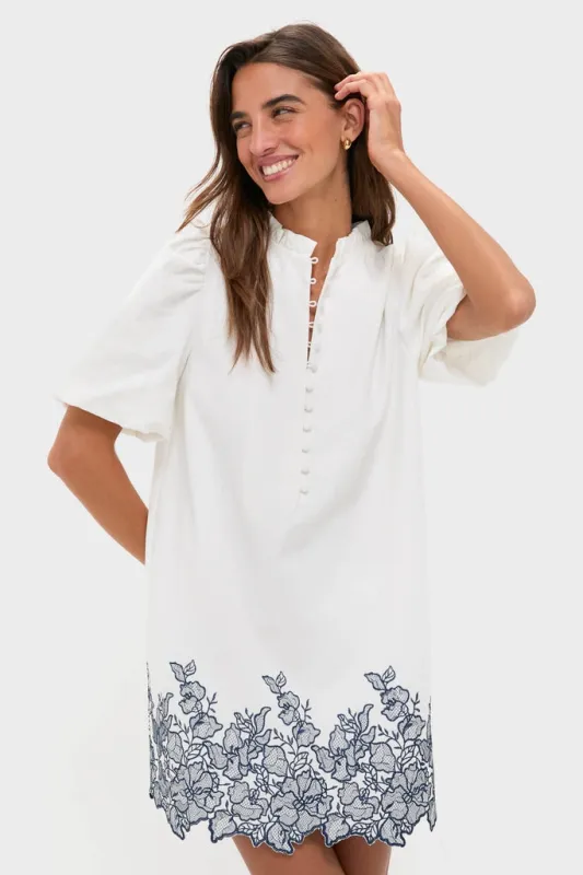 White & Navy Embroidery Mimi Mini Dress made by Hyacinth House