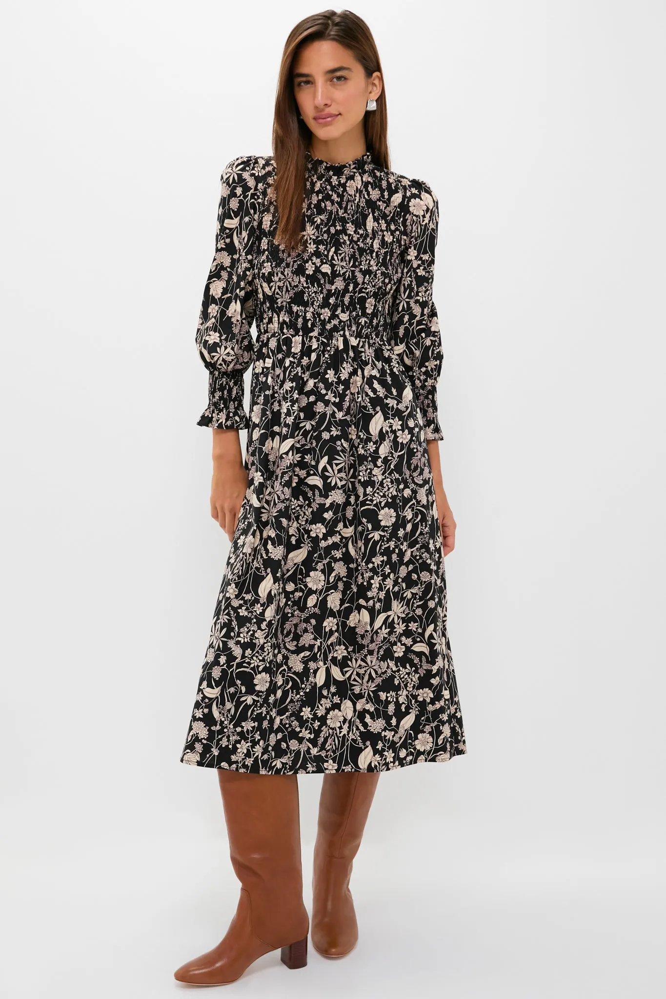Black & Tan Floral Smocked Susanne Midi Dress sold by Hyacinth House