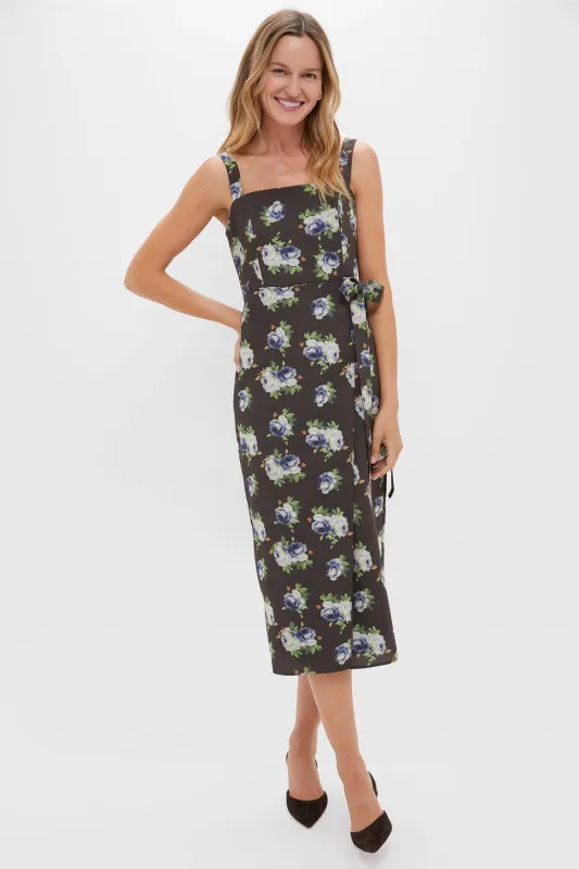 Brown & Blue Floral Wrap Tasha Midi Dress made by Hyacinth House