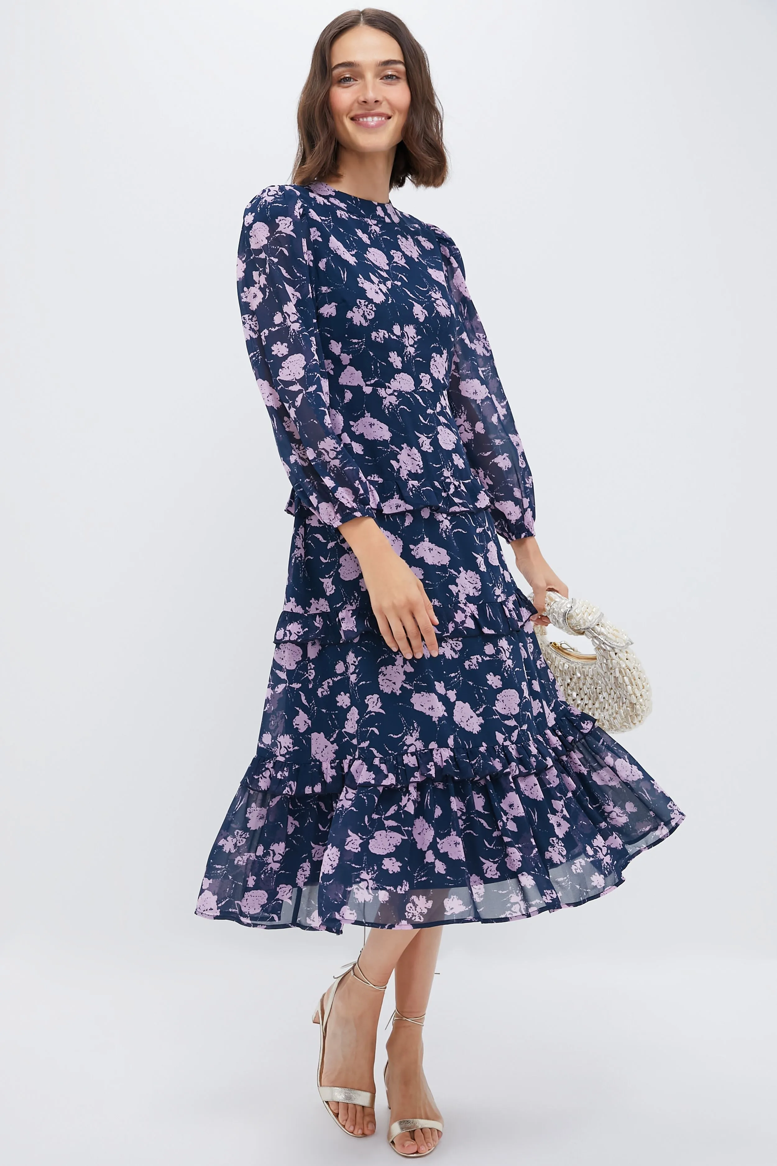 Navy & Blush Abstract Floral Rosalind Ruffle Midi Dress sold by Hyacinth House product image thumbnail 2