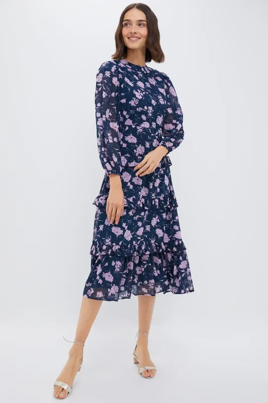 Navy & Blush Abstract Floral Rosalind Ruffle Midi Dress made by Hyacinth House