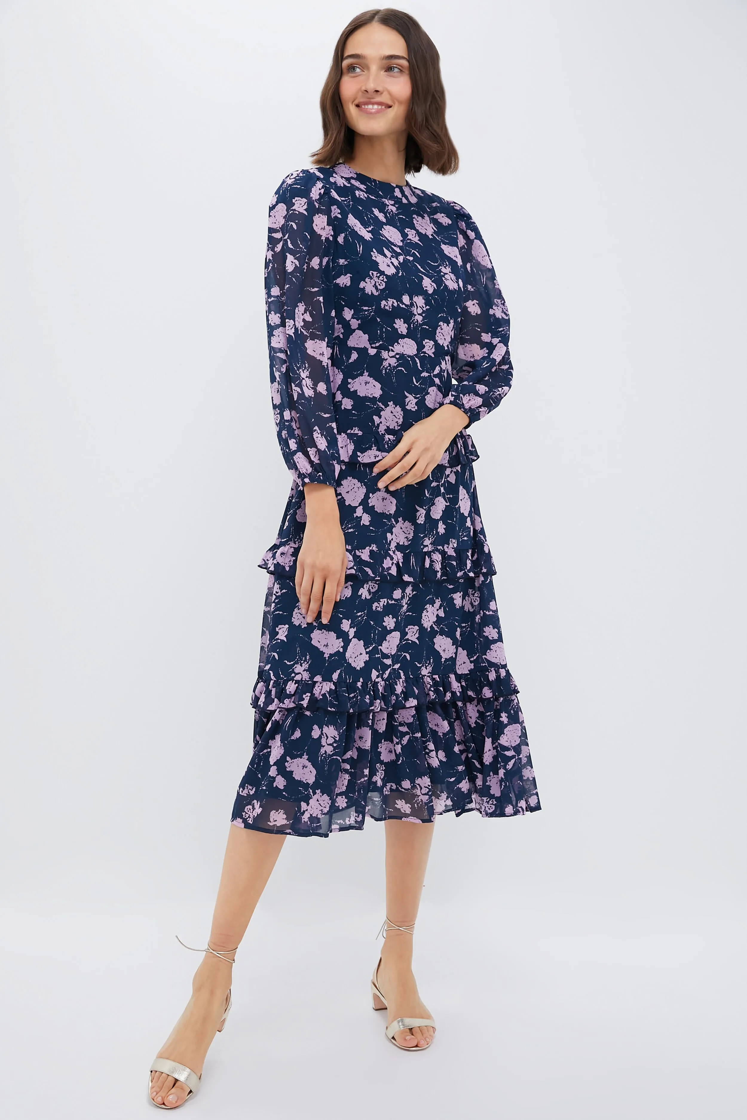 Navy & Blush Abstract Floral Rosalind Ruffle Midi Dress sold by Hyacinth House