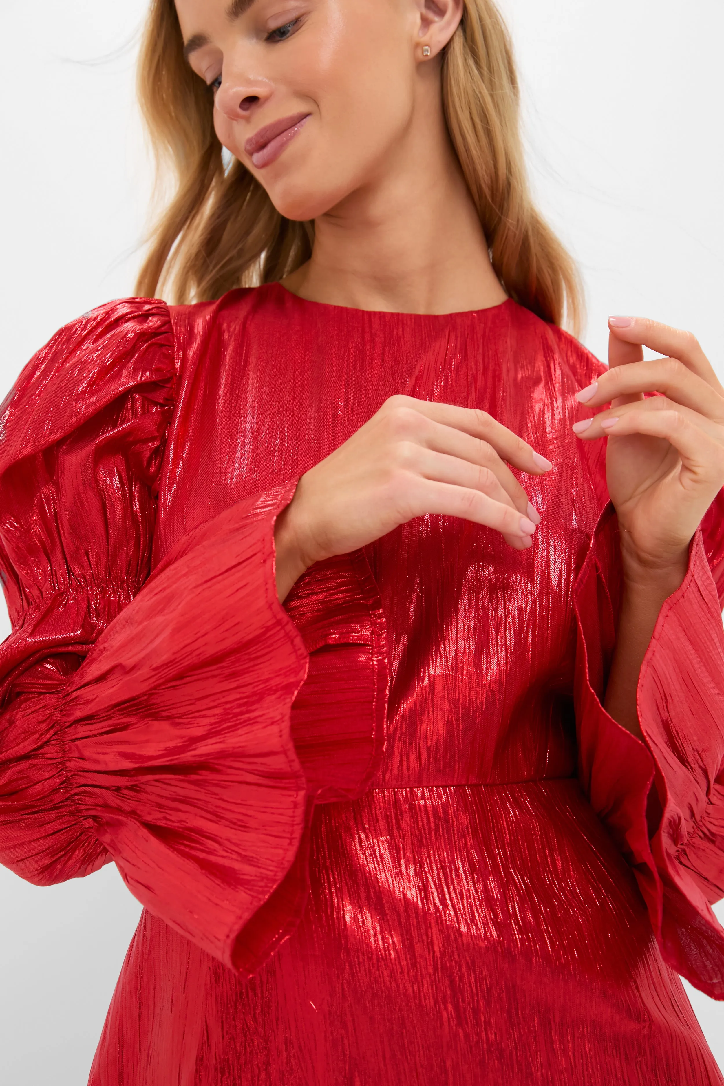 Red Metallic Plisse Puff Sleeve Darcy Midi Dress sold by Hyacinth House product image thumbnail 2
