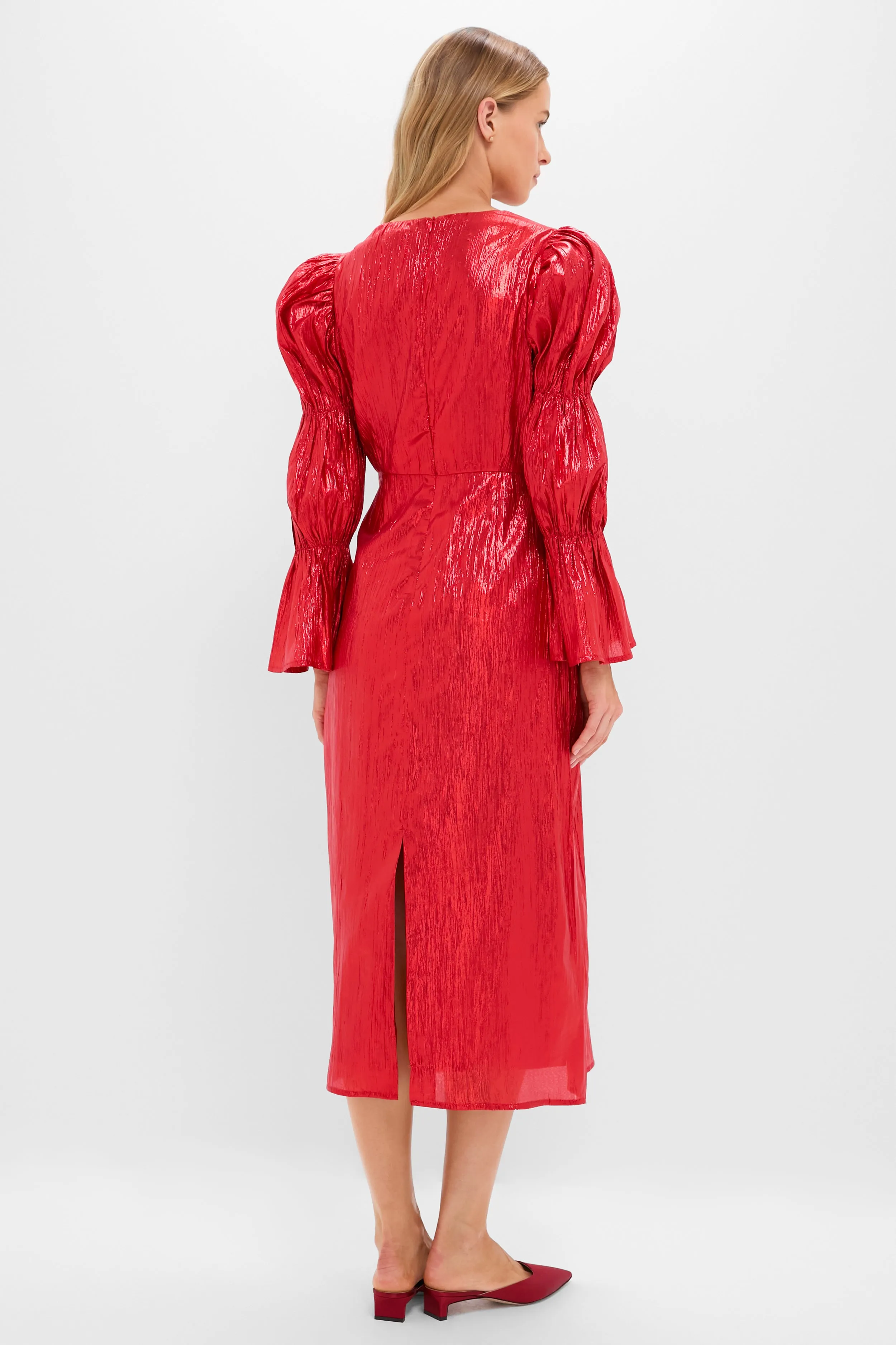 Red Metallic Plisse Puff Sleeve Darcy Midi Dress sold by Hyacinth House product image thumbnail 4