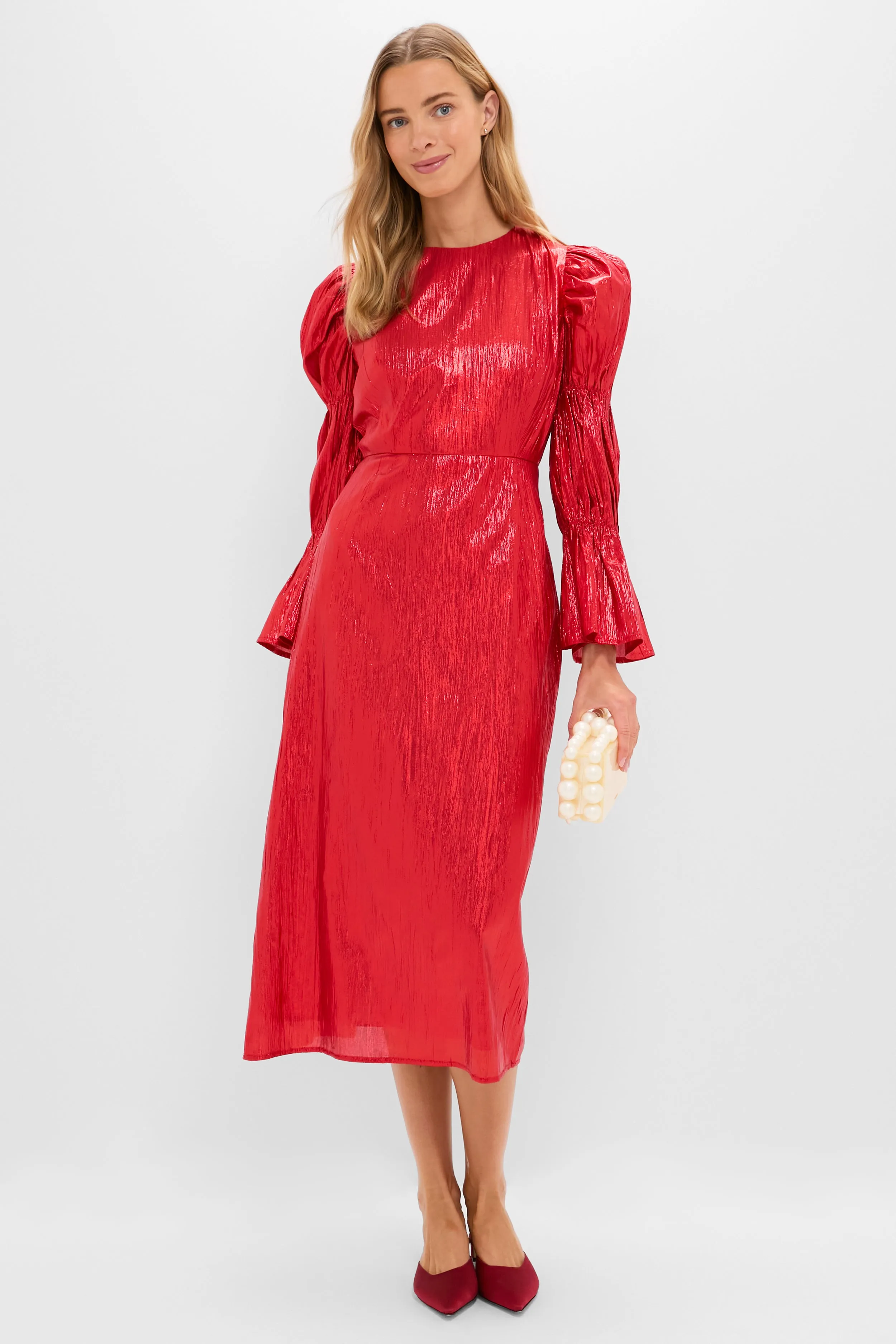 Red Metallic Plisse Puff Sleeve Darcy Midi Dress sold by Hyacinth House
