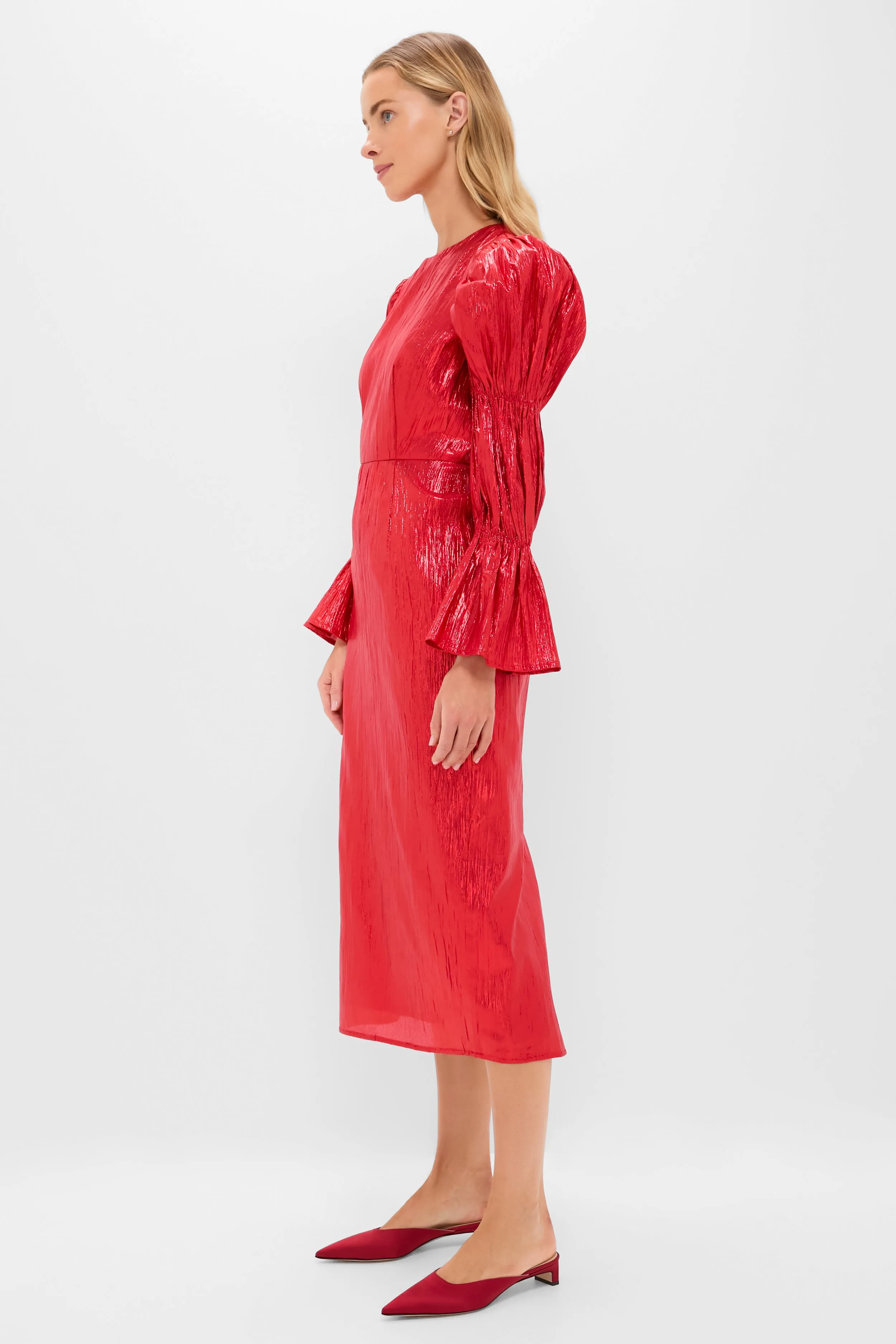 Red Metallic Plisse Puff Sleeve Darcy Midi Dress sold by Hyacinth House product image thumbnail 3