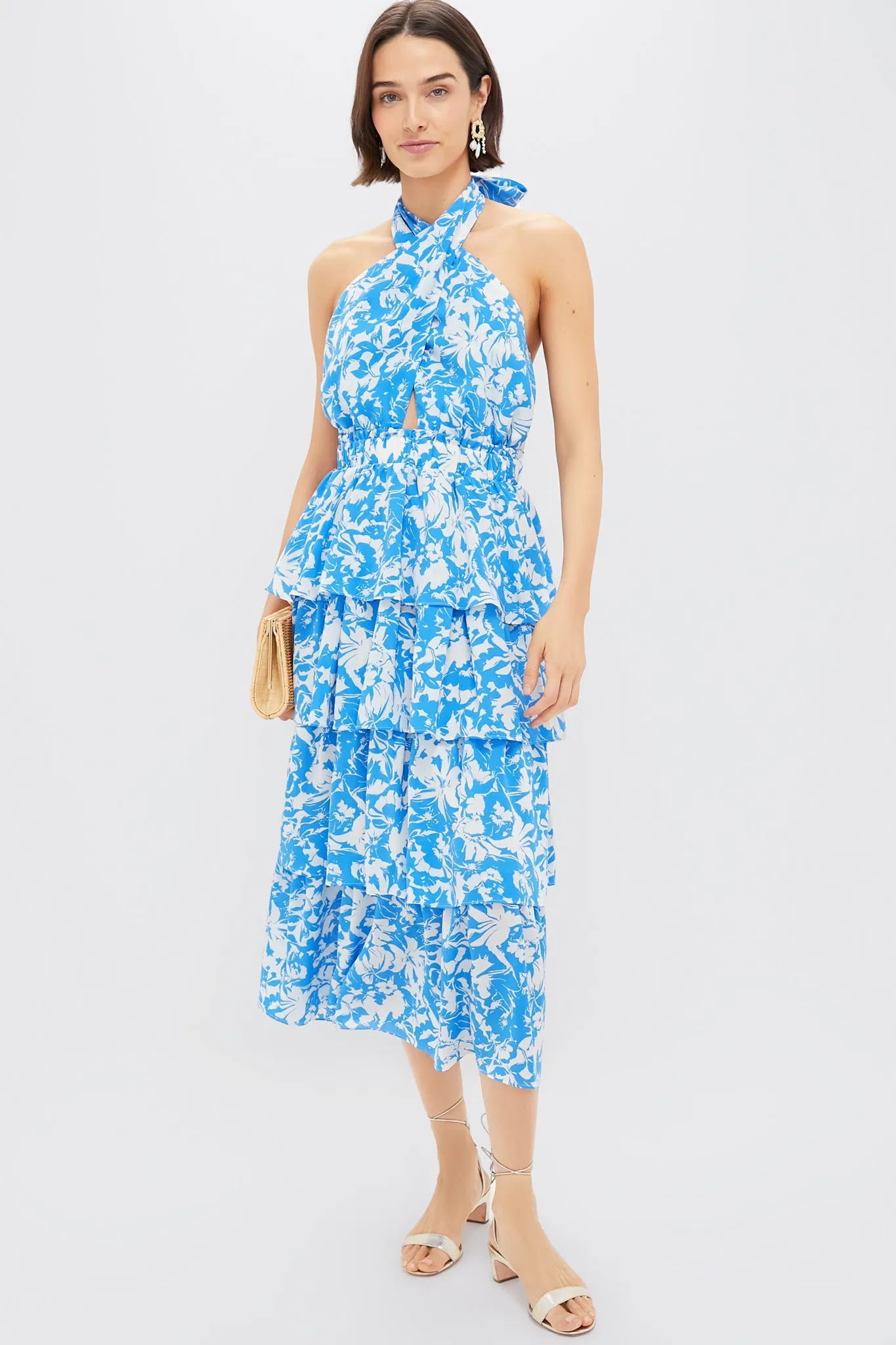 Blue & White Floral Halter Neck Jenny Midi Dress sold by Hyacinth House product image thumbnail 2