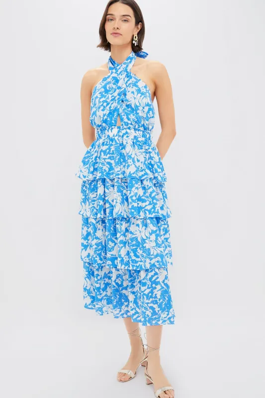 Blue & White Floral Halter Neck Jenny Midi Dress made by Hyacinth House