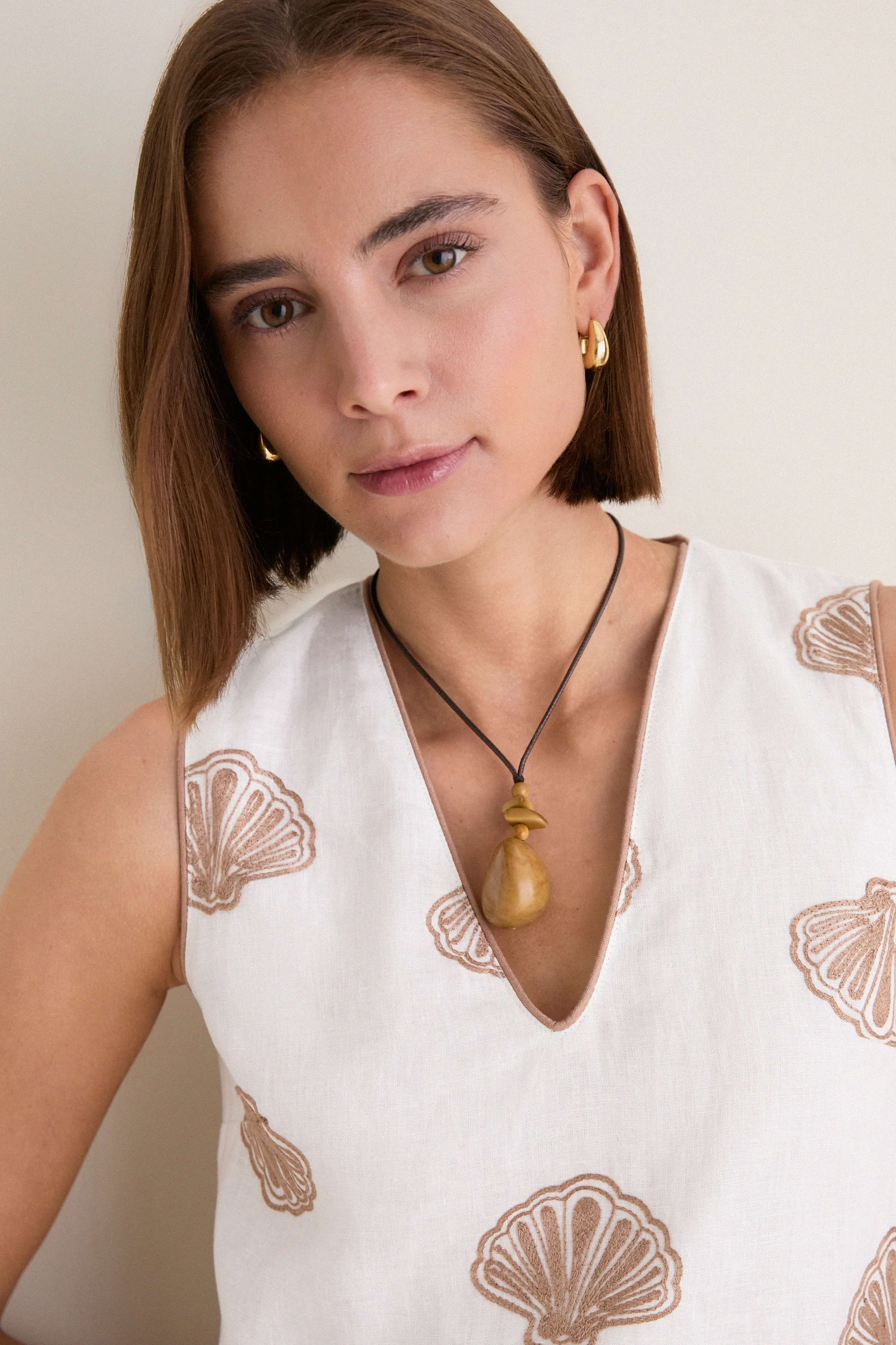 White & Tan Embroidered Seashell Manteo Mini Dress sold by Hyacinth House product image thumbnail 2