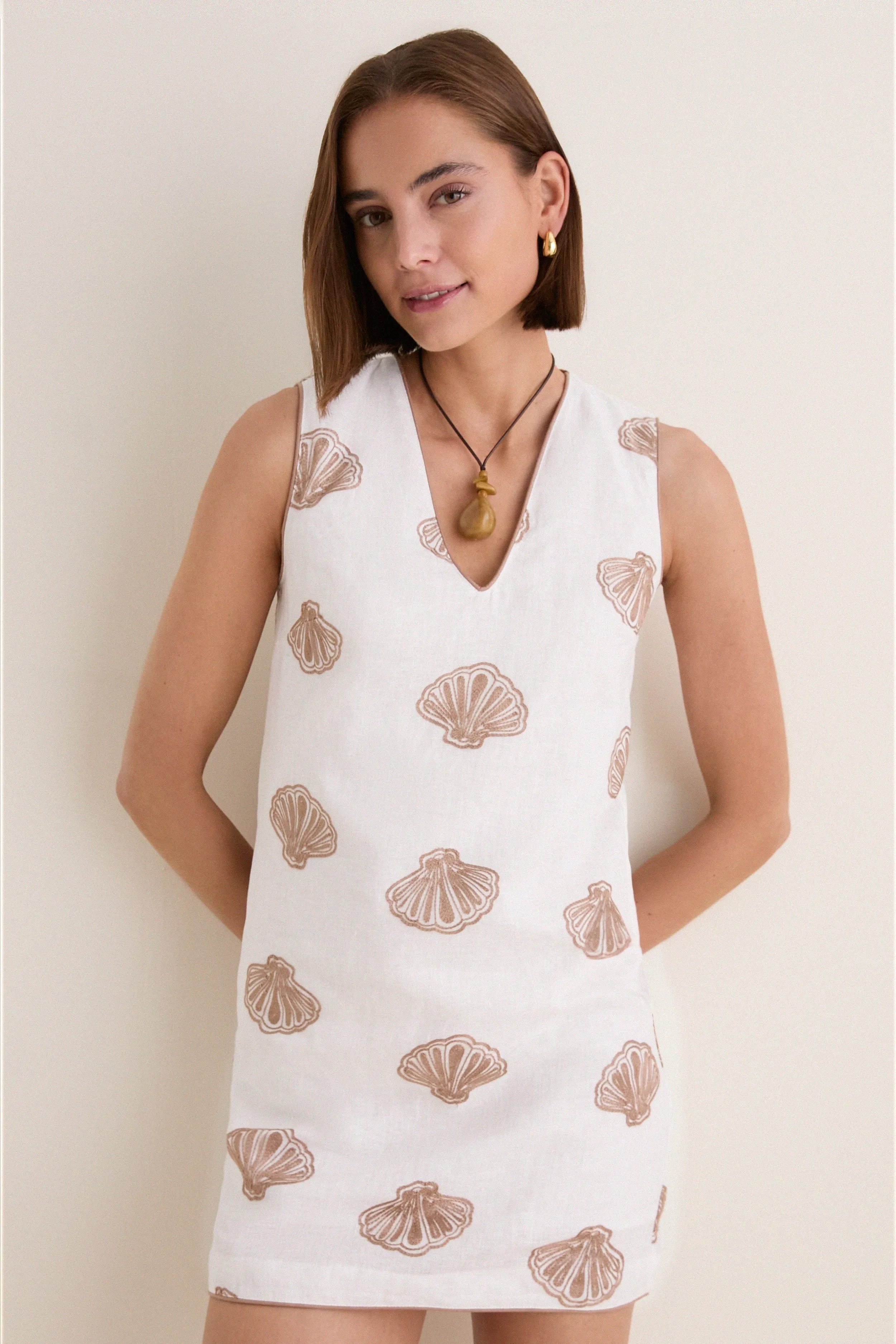 White & Tan Embroidered Seashell Manteo Mini Dress sold by Hyacinth House