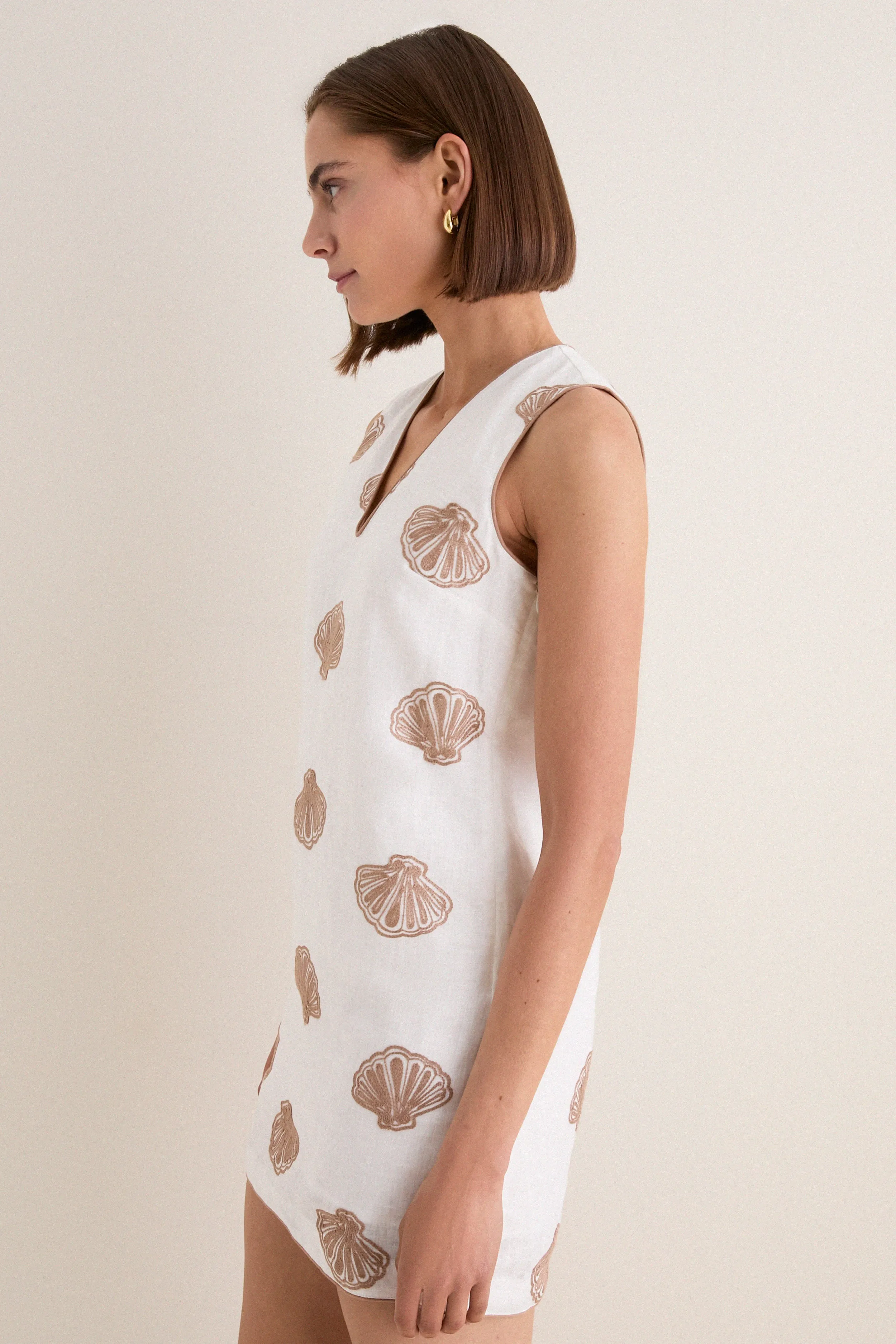 White & Tan Embroidered Seashell Manteo Mini Dress sold by Hyacinth House product image thumbnail 4