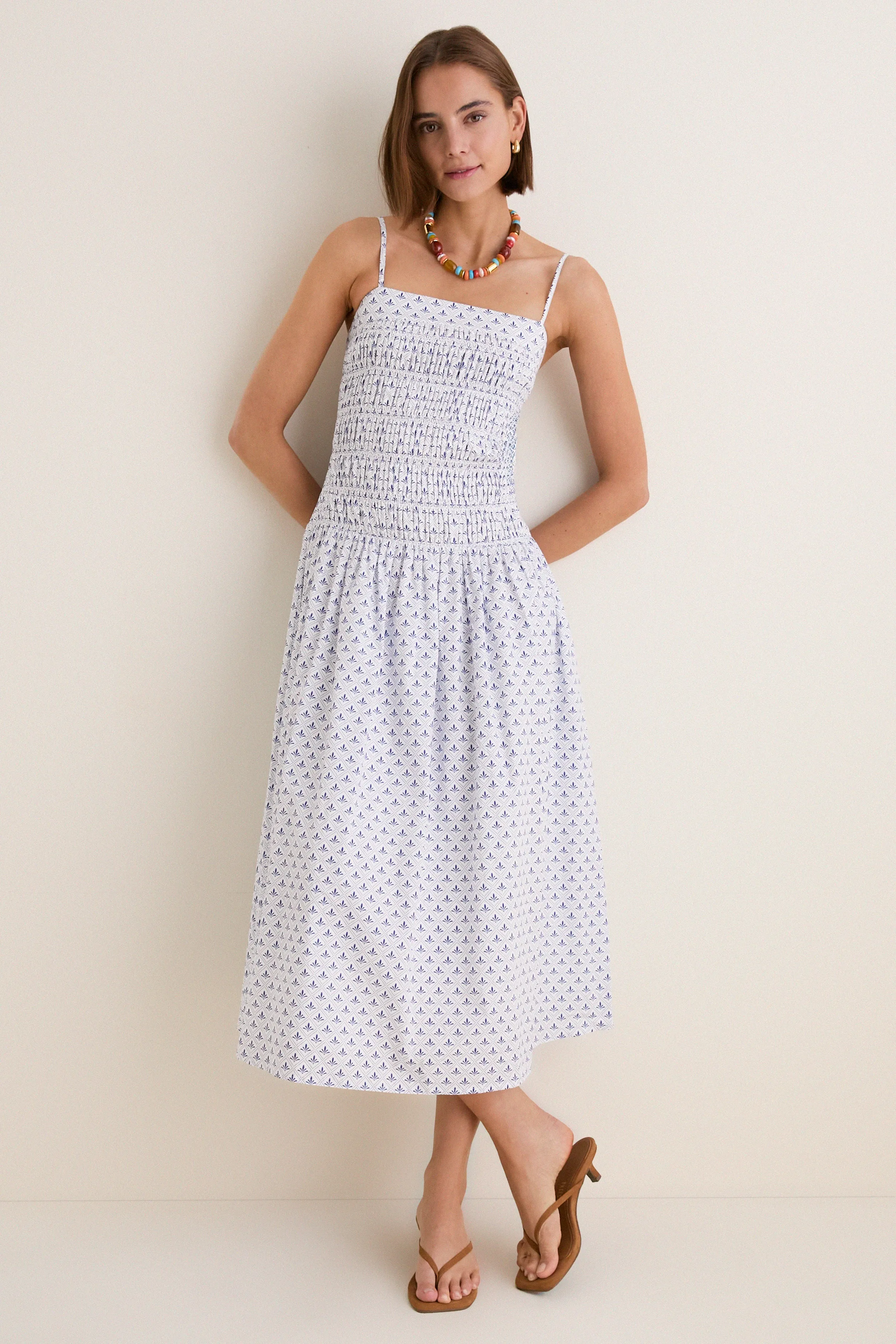 Blue & White Ditsy Tile Smocked Keeley Maxi Dress sold by Hyacinth House