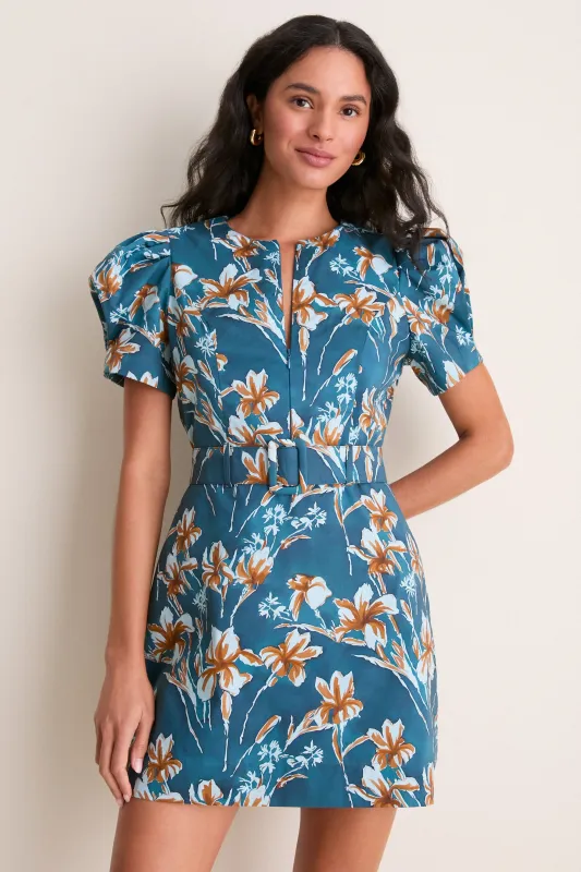 Blue & Brown Floral Liliana Zip Front Mini Dress made by Hyacinth House