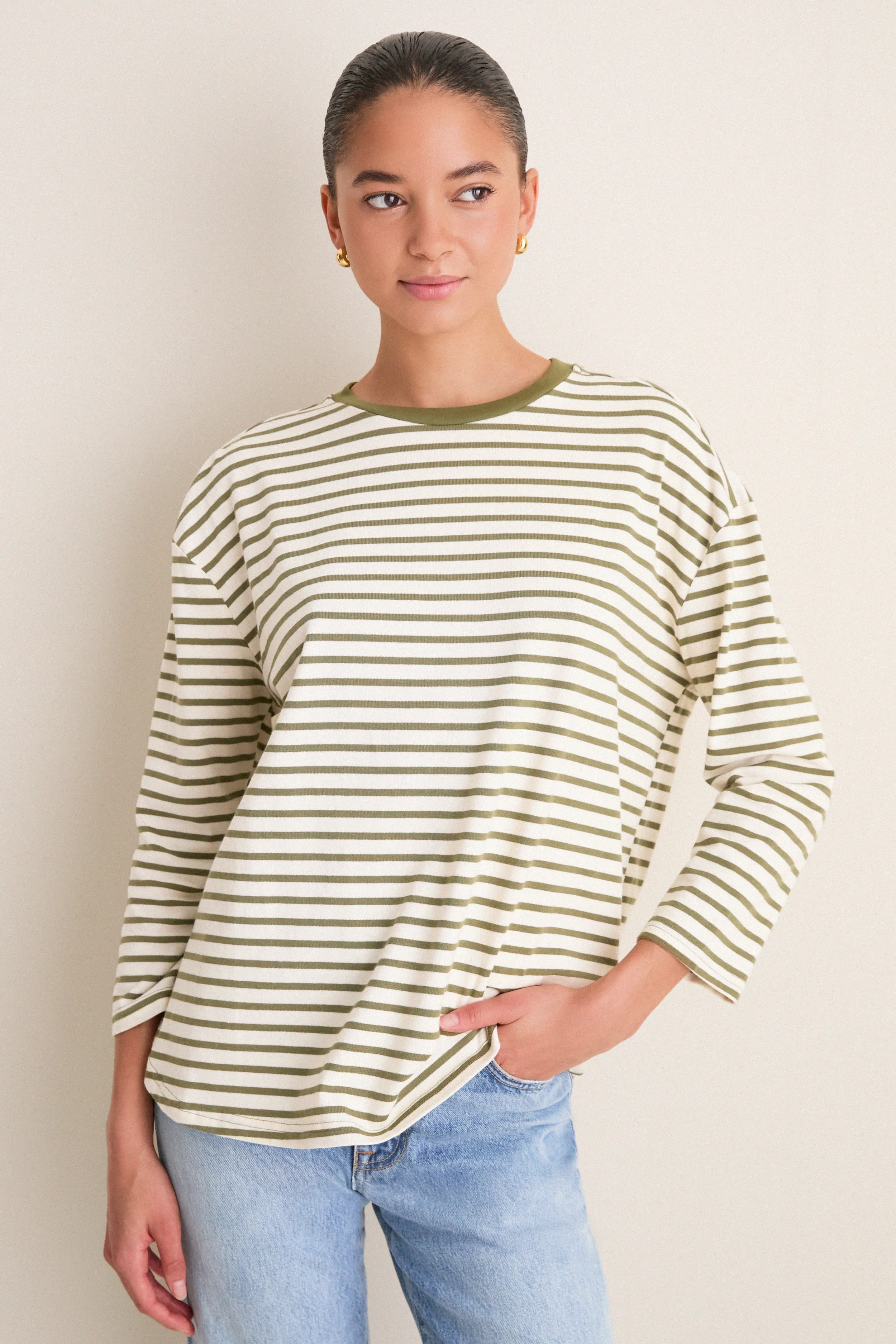 Olive Striped Knit Popover sold by Pomander Place