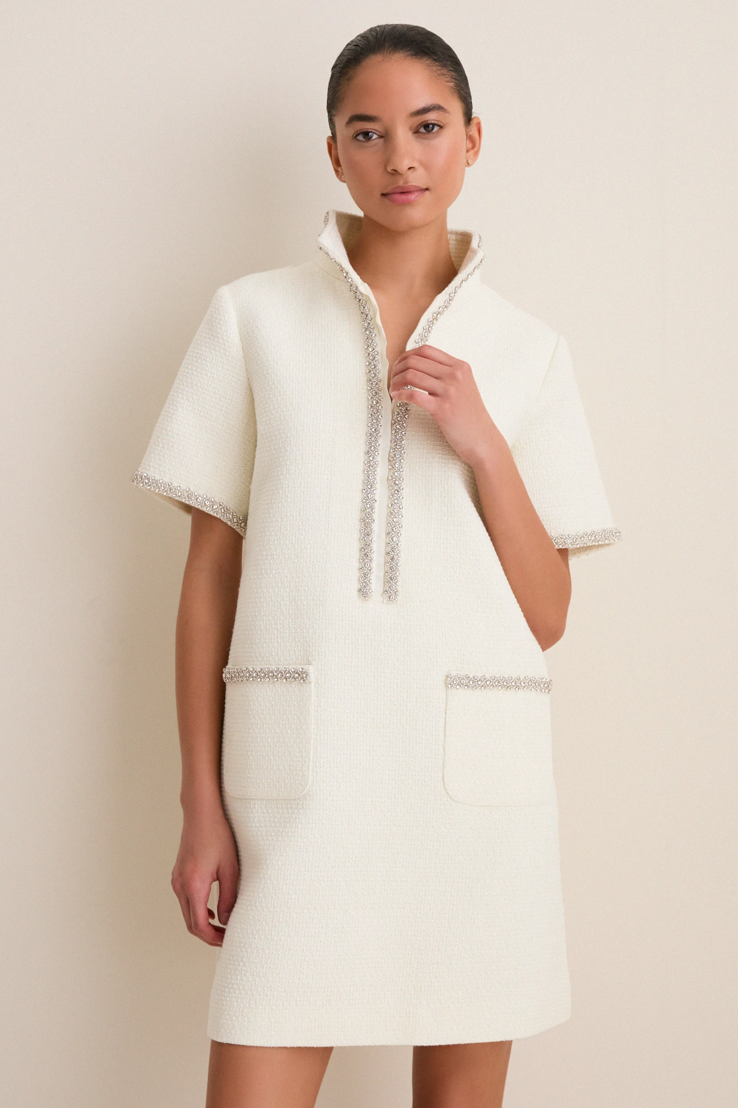 Pearl White Tweed Embellished Ophelia Dress sold by Pomander Place