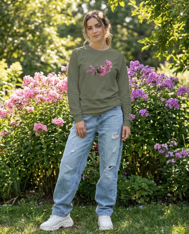 Bee and Butterfly Habitat Fund, Bee Pollinating Graphic, Moss Apparel, Long Sleeve T-Shirt made by Moss Apparel