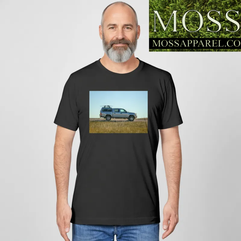 Lost Skier in a Tacoma, Bad Lands South Dakota, Moss Apparel, Unisex T-Shirt made by Moss Apparel
