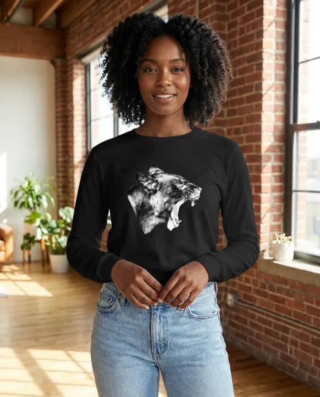Lioness' Roar, lion lovers, wildlife fans, Moss Apparel, Unisex Long Sleeve T-Shirt made by Moss Apparel