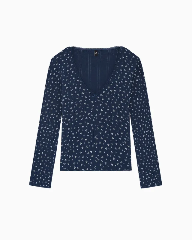 The Scoop Long Sleeve: Midnight Fields Pointelle made by Cou Cou Intimates
