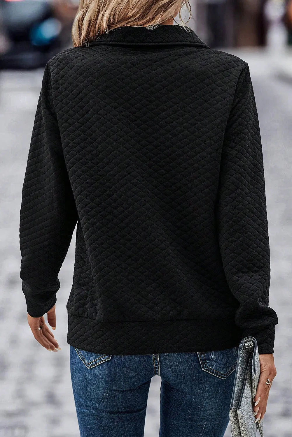 Black Solid Half Zipper Quilted Pullover Sweatshirt sold by eAura product image thumbnail 2