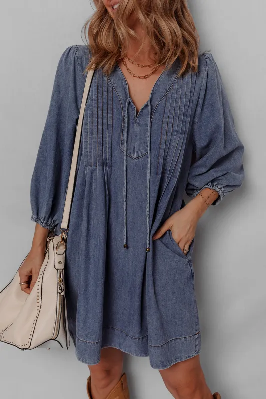 3/4 Sleeve Tied V-Neck Pleated Denim Mini Dress sold by eAura