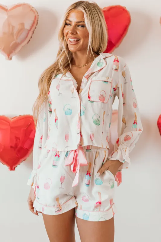White Christmas Wine Glass Print Bow Knot Two Piece Pyjama Set sold by eAura