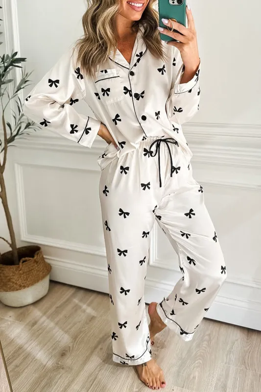 White Bows Print Two Piece Pyjama Set sold by eAura