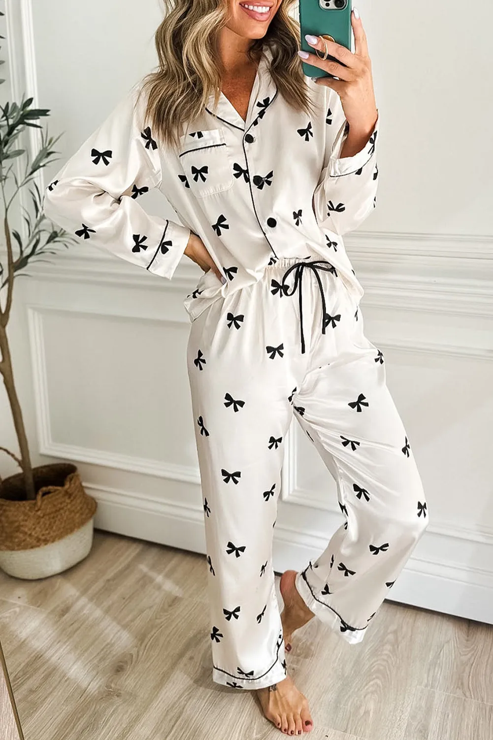 White Bows Print Two Piece Pyjama Set sold by eAura