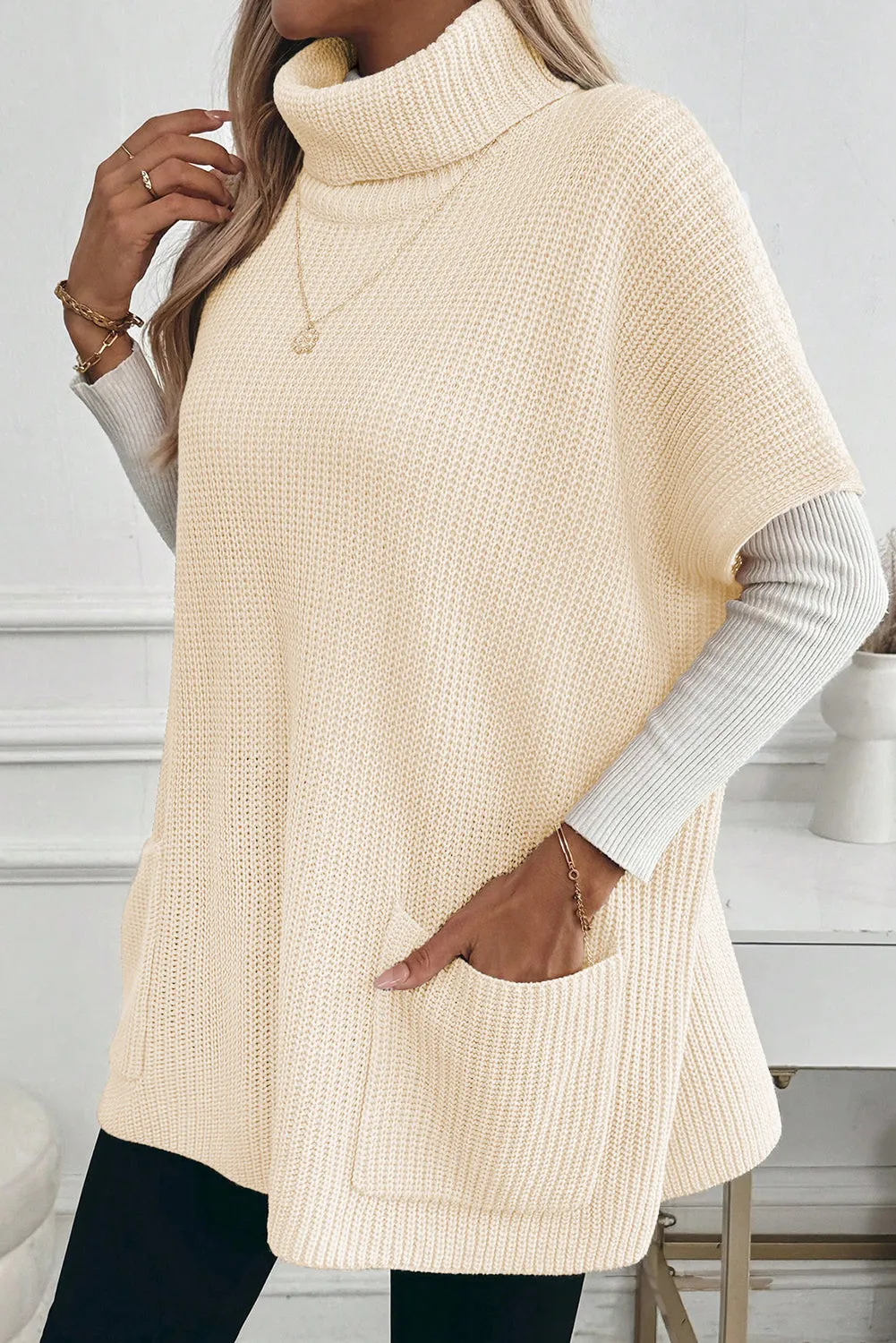 Plain Knit Casual Turtleneck Short Sleeve Tunic Sweater with Pockets sold by eAura product image thumbnail 4
