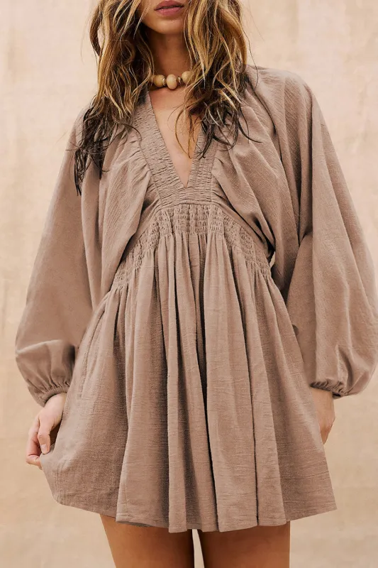 Deep V-Neck Bubble Sleeve Smocked Mini Dress sold by eAura