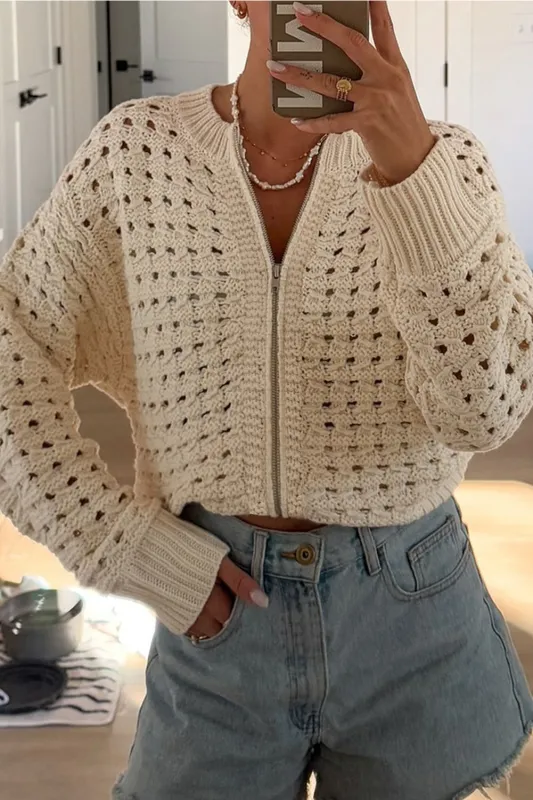 Beige Hollowed Knit Zip-Up Drop Shoulder Cardigan sold by eAura