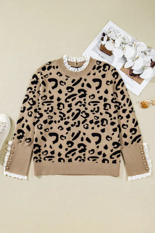 Brown Leopard Knit Lacy Trim Cuffed Plus Size Sweater sold by eAura