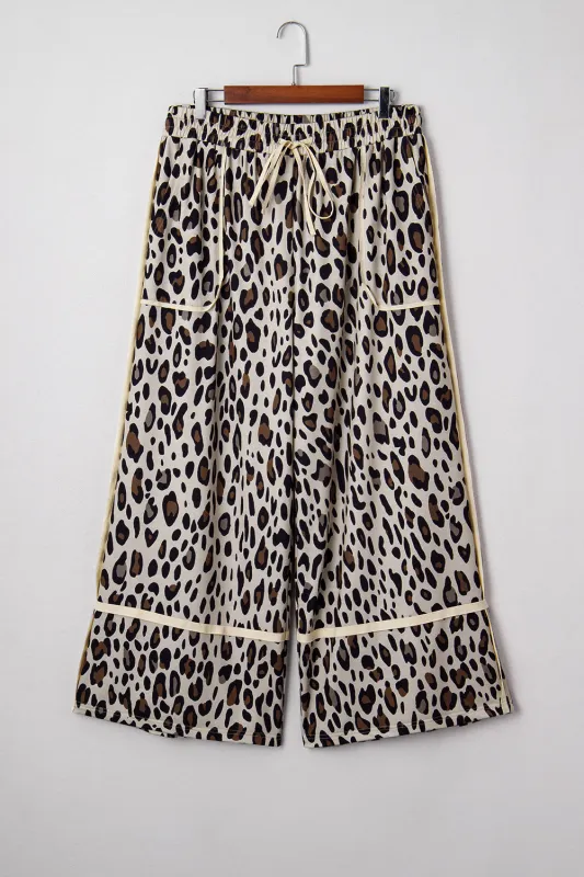 Exposed Seam Patched Pocket Plus Size Drawstring Leopard Wide Leg Pants sold by eAura
