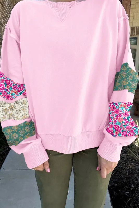 Pink Plus Size Mix Floral Patched Sleeve Ribbed Trim Oversized Sweatshirt sold by eAura