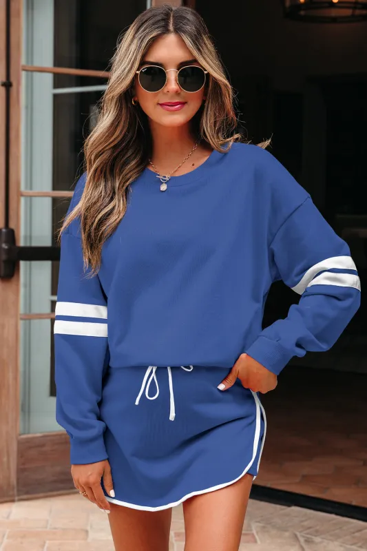 Varsity Stripe Detail Drop Shoulder Pullover Mini Skort Co-ord Set sold by eAura