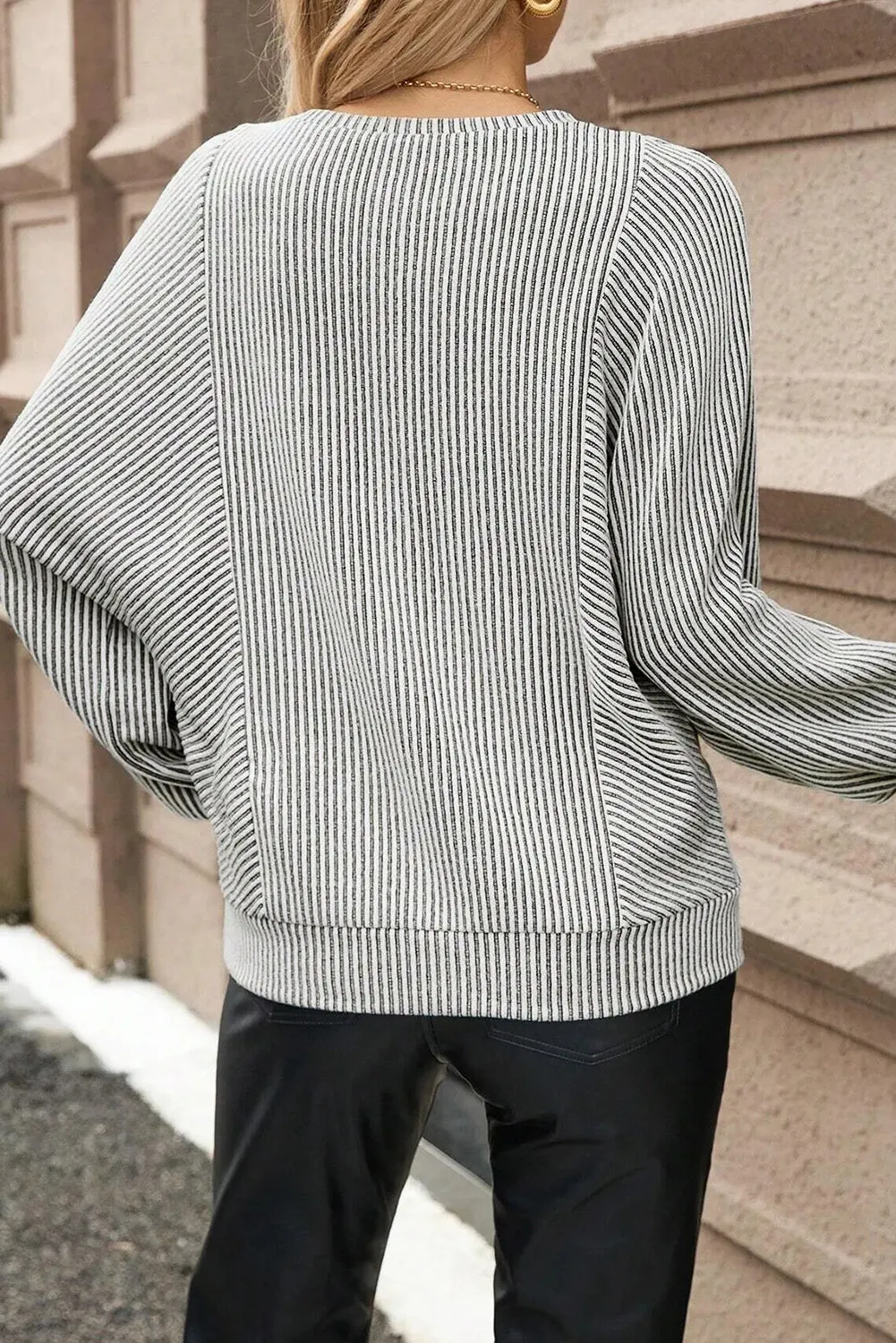 Grey Ribbed Round Neck Long Lantern Sleeve Top sold by eAura product image thumbnail 2