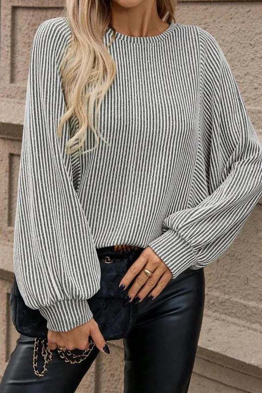 Grey Ribbed Round Neck Long Lantern Sleeve Top sold by eAura