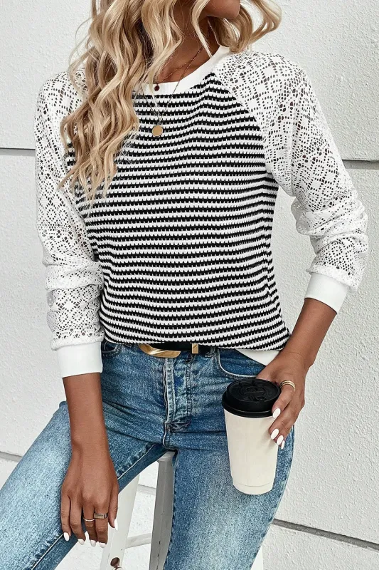 Black Stripe Textured Knit Contrast Lace Long Sleeve Top sold by eAura