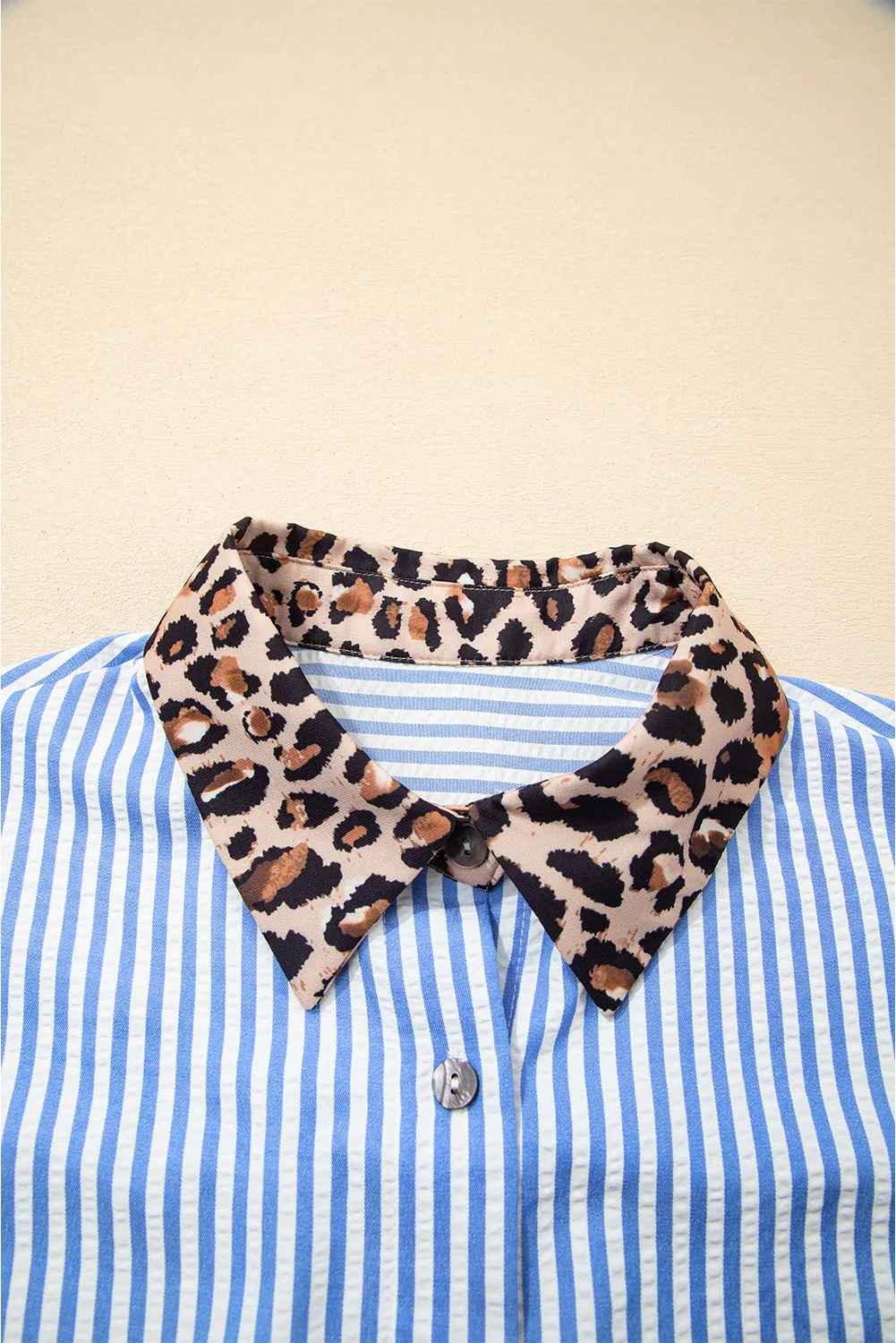 Striped Leopard Print Patchwork Button Up Shirt sold by eAura product image thumbnail 4